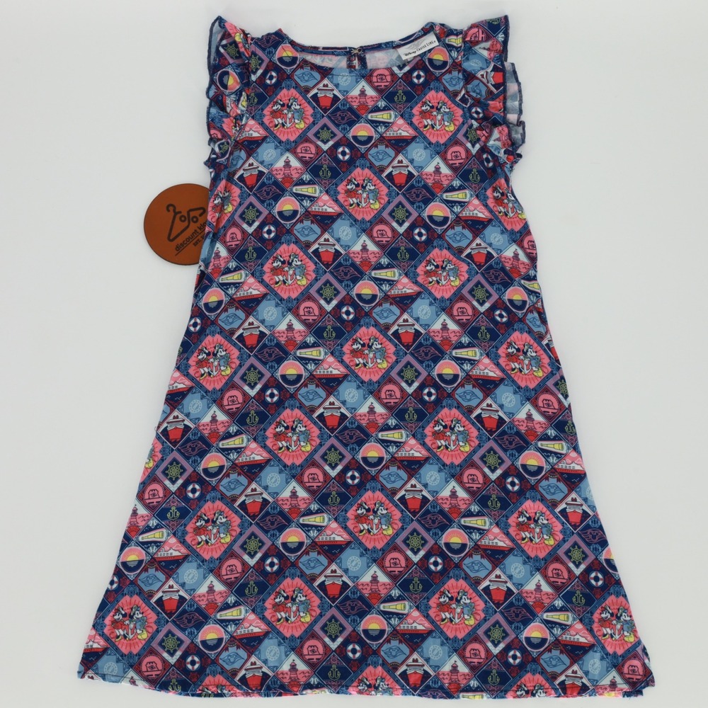 Disney Cruise Line Girls Mickey Minnie Nautical Diamond Print Ruffle Dress Large